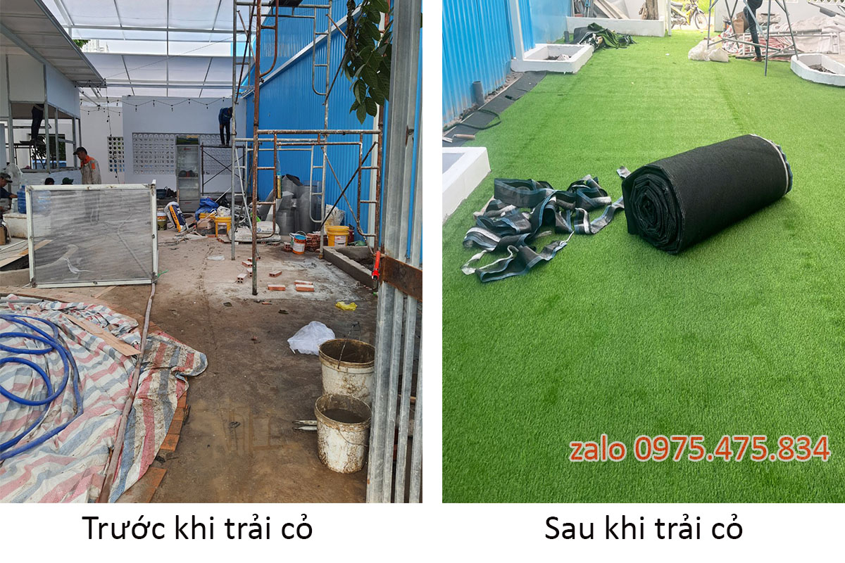 Công trình trước và sau khi thi công cỏ nhân tạo trải sàn